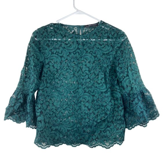 Zara Womens XS Green Lace Sheer Top Blouse Flare Sleeves - Picture 1 of 4